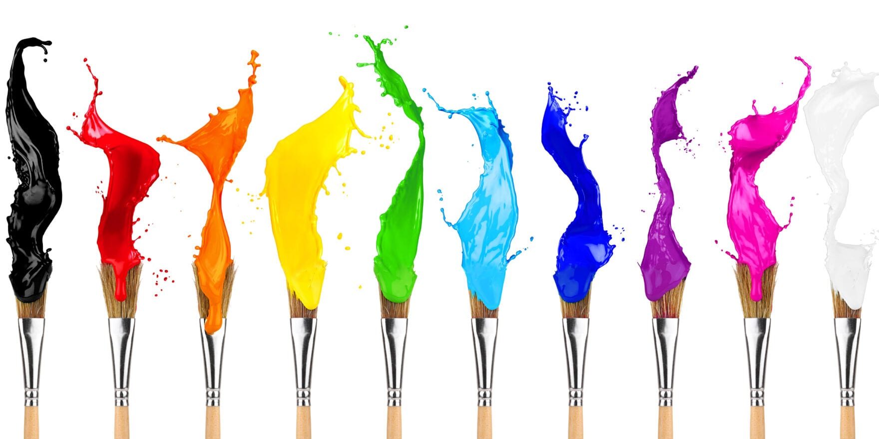colorful color splashes paintbrush row isolated on white background